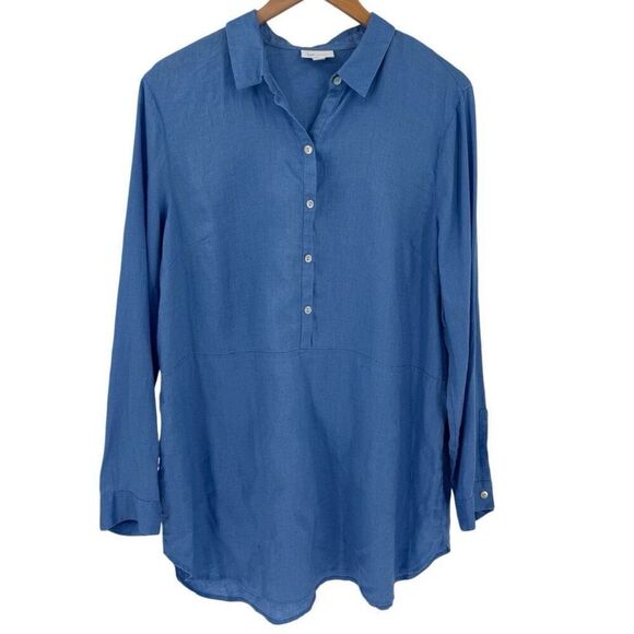 J Jill Love Linen Long Roll Tab Sleeve Half Button Tunic Top Blue Women Large - Picture 2 of 8
